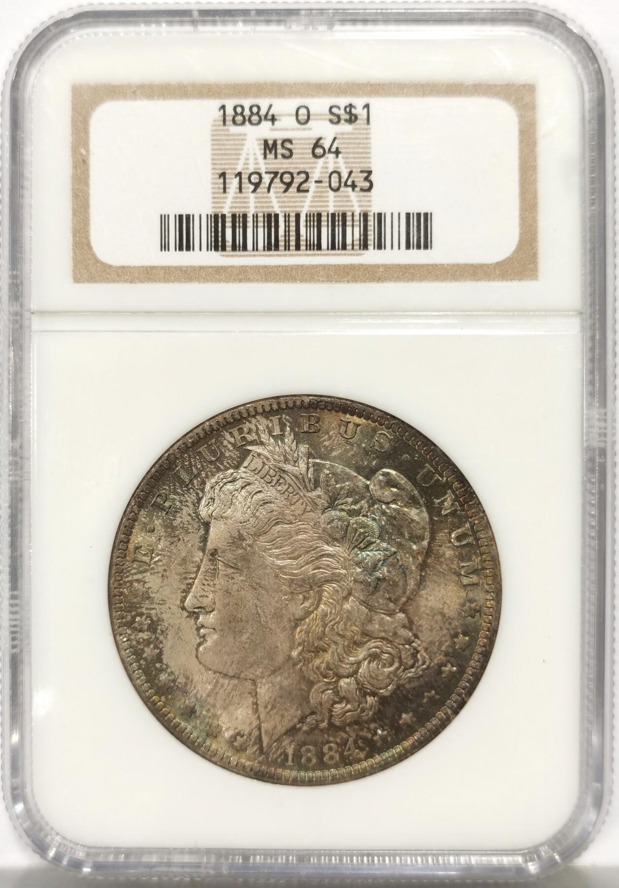 博洋堂“心向春光”2月精品大拍专场暨第160期（全场包邮） NGC MS64 美国1884年摩根银币O版，原汁原味五彩老包浆，包浆醇厚润泽，状态一流。