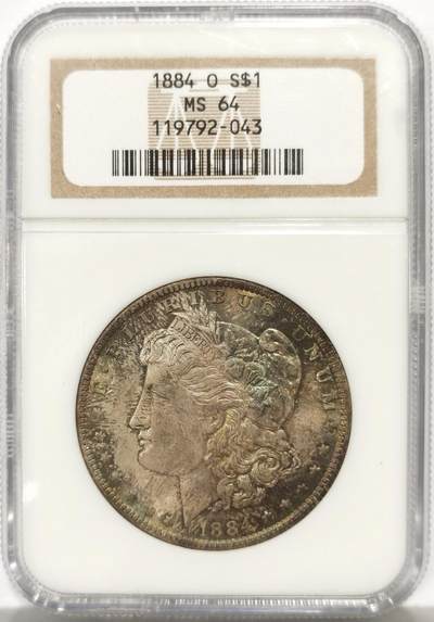 博洋堂“心向春光”2月精品大拍专场暨第160期（全场包邮） - NGC MS64 美国1884年摩根银币O版，原汁原味五彩老包浆，包浆醇厚润泽，状态一流。