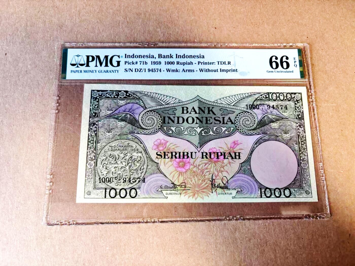 【Blue Auction】世界纸币精拍第783期——18级TOP拍卖/信誉/品质/专业/高效💫 印尼 1959年1000卢比 天堂鸟 PMG66EPQ