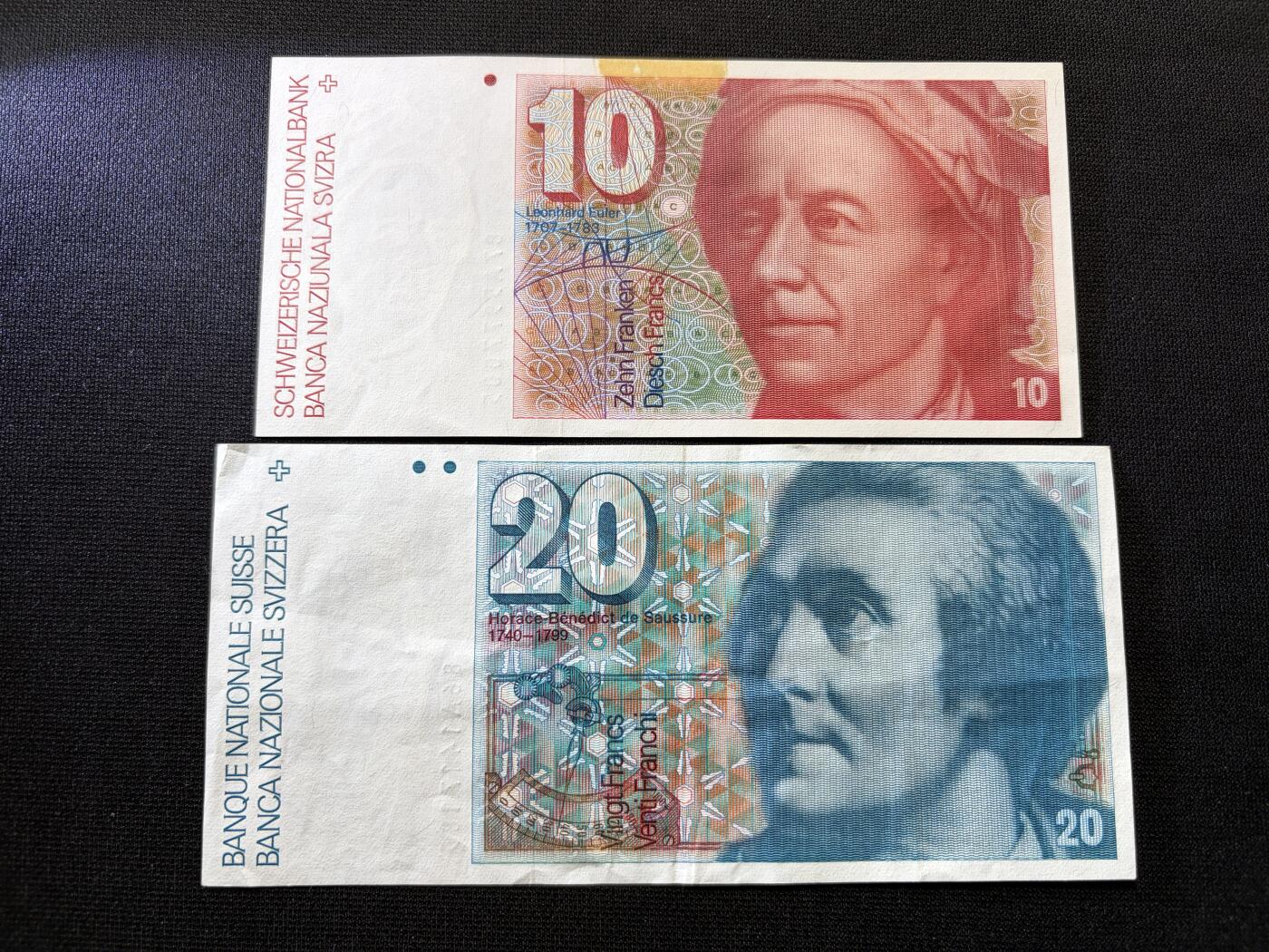咖啡豆•收藏 2026年Feb_10th世界各国纸币拍卖 2枚 瑞士 1986-1987年 10&20法郎 美品近新AU 外国纸币