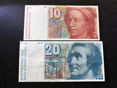 咖啡豆•收藏 2026年Feb_10th世界各国纸币拍卖 - 2枚 瑞士 1986-1987年 10&20法郎 美品近新AU 外国纸币