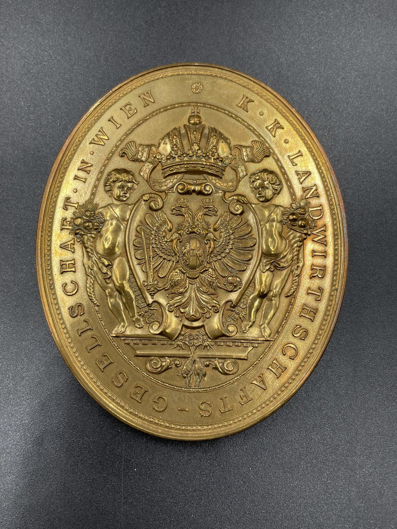 「木头集藏」“ 新岁撷珍”——章牌精品专场！ Jauner～1890年奥地利维也纳农林博览会纪念大铜章 ，尺寸：67 × 82 mm，156 g，画面华丽精美，高浮雕雕刻细腻精致，保存很好，基本上是出厂状态，收藏佳品！