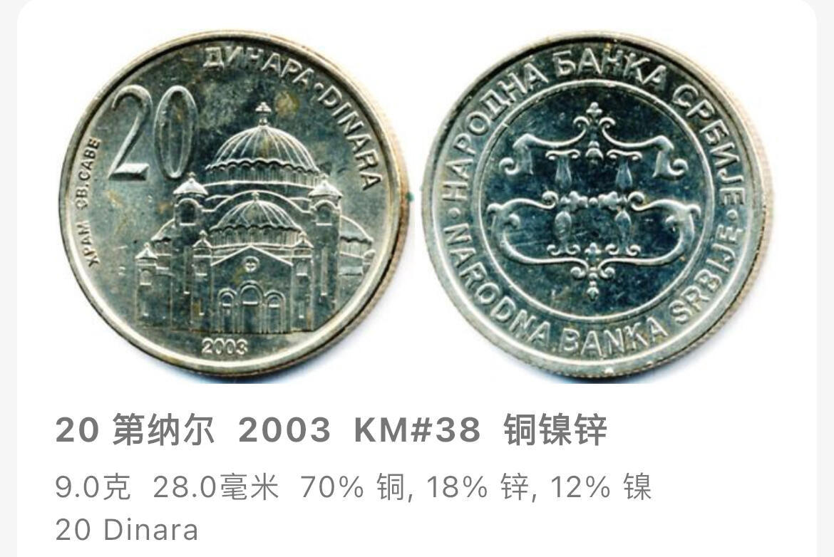 回流0207  美品 塞尔维亚2003年20第纳尔 斯图德尼察修道院