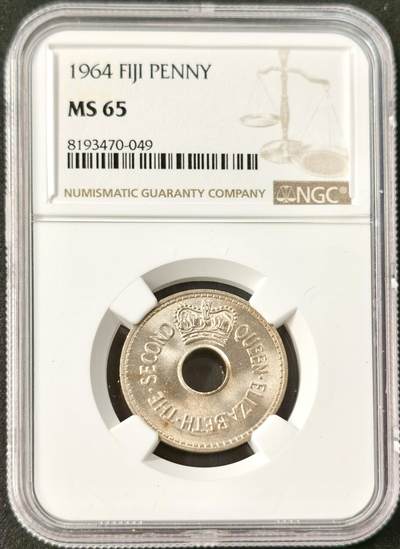 甄臻铺-世界币章拍卖（第49期）精品场拍品征集中，送拍享返佣金等优惠多多 - NGC-MS65 斐济 1964年 1便士 铜镍合金币 季军分