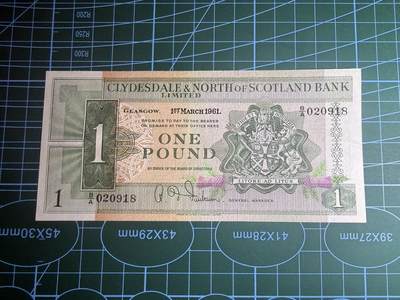 【炜奕收藏】，第五十九期，苏格兰多时期钞票，年前最后一期，拍后所有寄存物品将寄出 - 1961年苏格兰克莱斯戴尔银行&苏格兰北方银行联合银行1镑，品相如图，发行时间极短，号码无347尾8