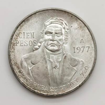 博洋堂“心向春光”2月精品大拍专场暨第160期（全场包邮） - 墨西哥1977年莫洛雷斯总统100比索纪念银币，27.77克 720银