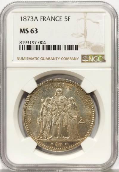 博洋堂“心向春光”2月精品大拍专场暨第160期（全场包邮） - NGC MS63 法国1873年大力神5法郎银币