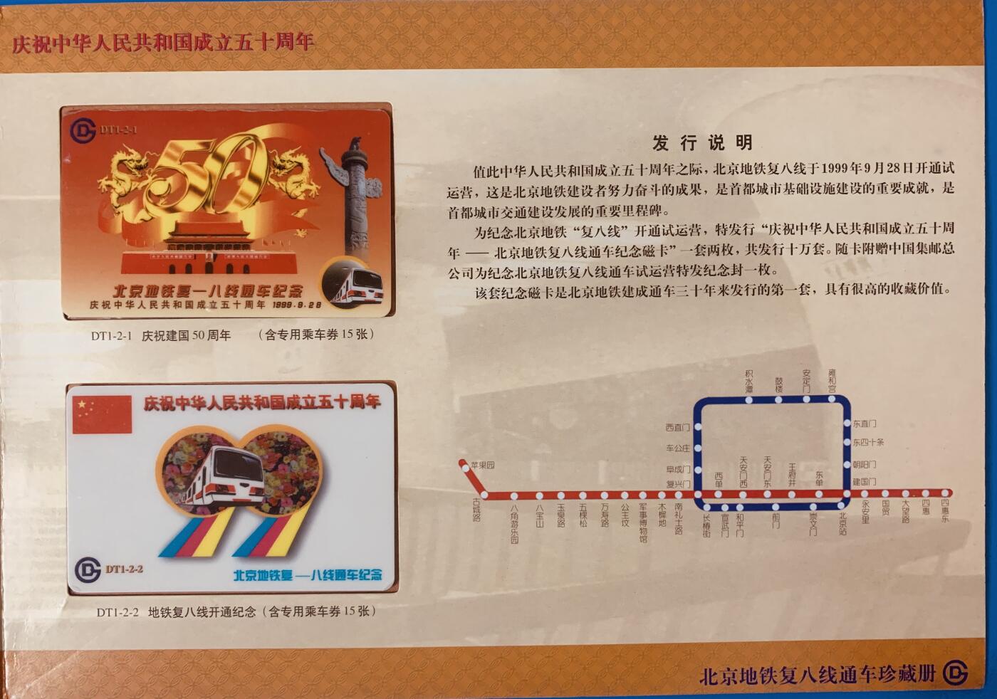 《卡拍》第344期拍卖2月7日晚22：10时延时截拍 北京地铁复八线通车珍藏册，含通车纪念磁卡一套两枚《建国五十周年》，上品。