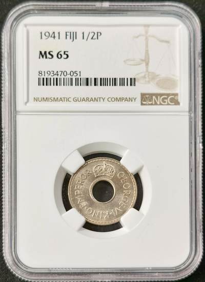 甄臻铺-世界币章拍卖（第49期）精品场拍品征集中，送拍享返佣金等优惠多多 - NGC-MS65 斐济 1941年 1/2便士 铜镍合金币 季军分