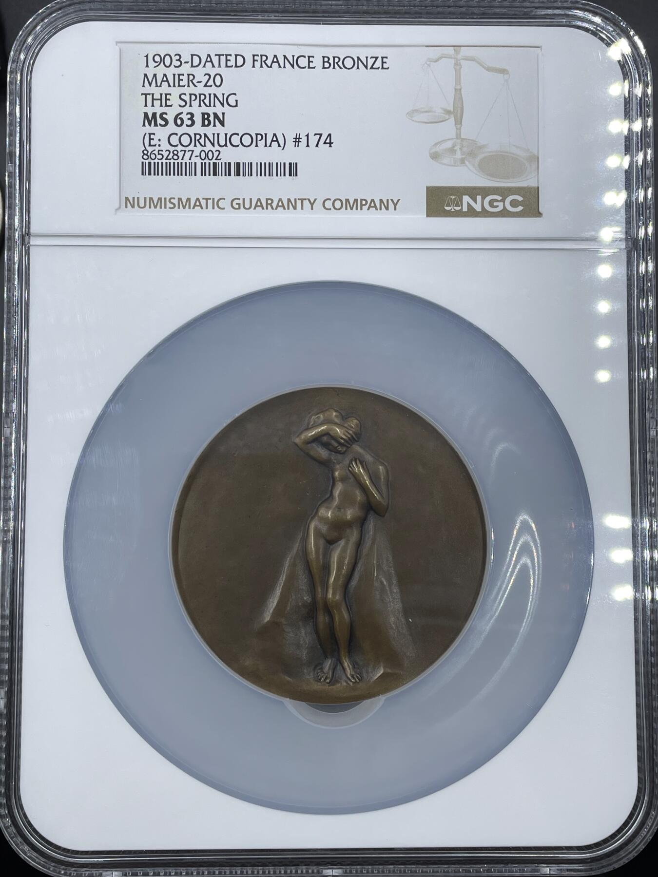 「木头集藏」“ 新岁撷珍”——章牌精品专场！ Louis Dejean～法国SAMF协会20号作品铜章“春天”，MS63 ，法兰西章牌之友协会（SAMF）1903年发行，直径：60mm，铜章发行量仅132枚，边铭：丰饶角BRONZE 火蝾螈 限量编号174。 路易·德让是法国著名雕塑家，创作了多座纪念碑和众多大型装饰雕塑，其小型雕塑作品被各大博物馆收藏。路易·德让尤其擅长人体，他为数不多的几件章牌作品都是人体章。最后几张图片是他的雕塑作品。