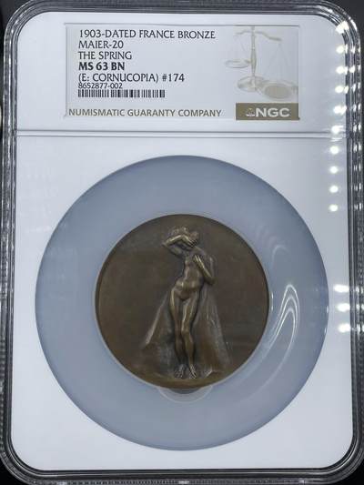 「木头集藏」“ 新岁撷珍”——章牌精品专场！ - Louis Dejean～法国SAMF协会20号作品铜章“春天”，MS63 ，法兰西章牌之友协会（SAMF）1903年发行，直径：60mm，铜章发行量仅132枚，边铭：丰饶角BRONZE 火蝾螈 限量编号174。 路易·德让是法国著名雕塑家，创作了多座纪念碑和众多大型装饰雕塑，其小型雕塑作品被各大博物馆收藏。路易·德让尤其擅长人体，他为数不多的几件章牌作品都是人体章。最后几张图片是他的雕塑作品。