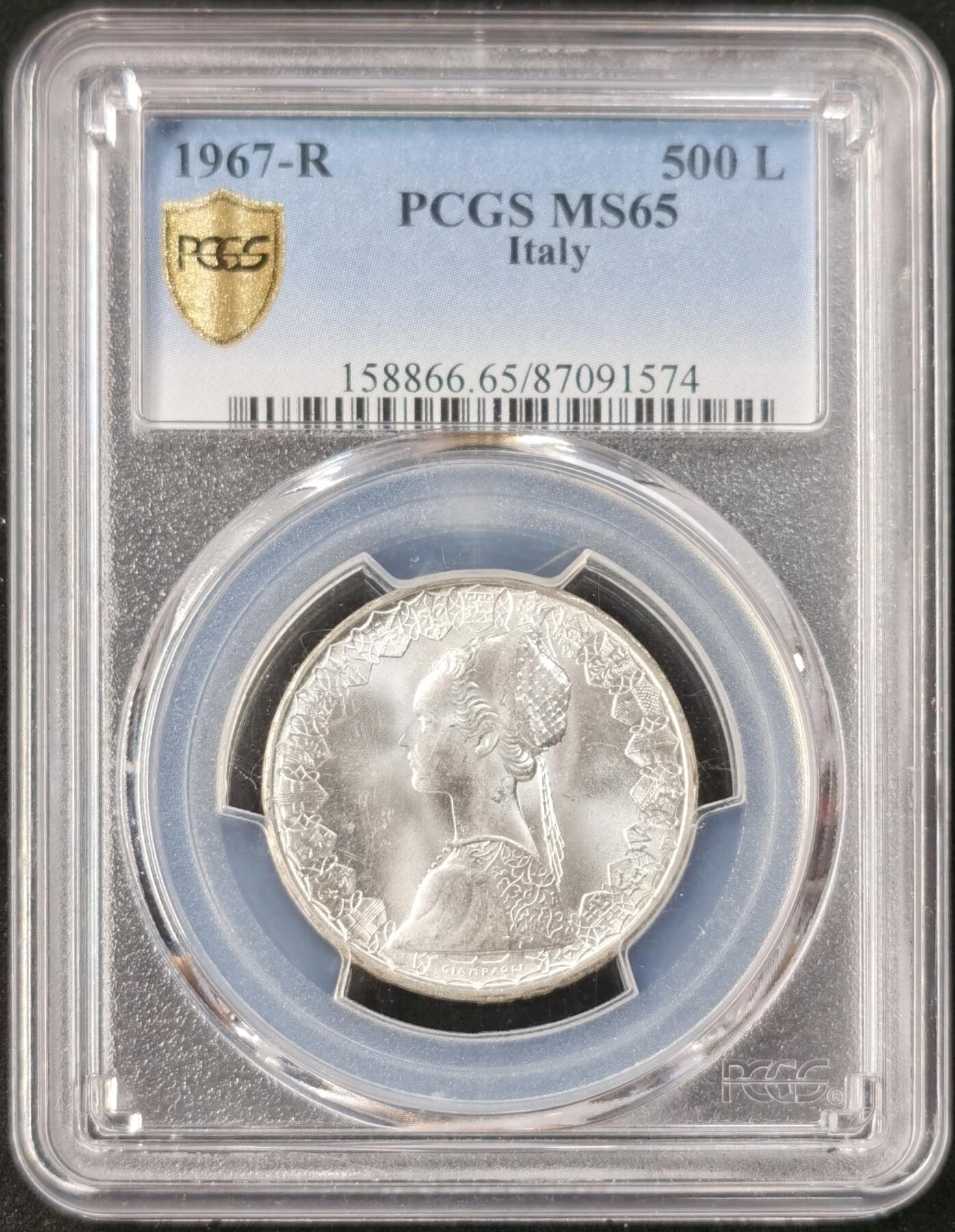 甄臻铺-世界币章拍卖（第49期）精品场拍品征集中，送拍享返佣金等优惠多多 PCGS-MS65 意大利帆船少女500里拉 更高分仅30枚 卷拆品相 银霜满满 高分收藏一步到位