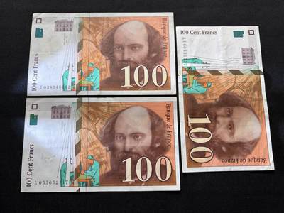 咖啡豆•收藏 2026年Feb_10th世界各国纸币拍卖 - 3枚 法国 1997-1998年 100法郎 美品近新AU 外国纸币