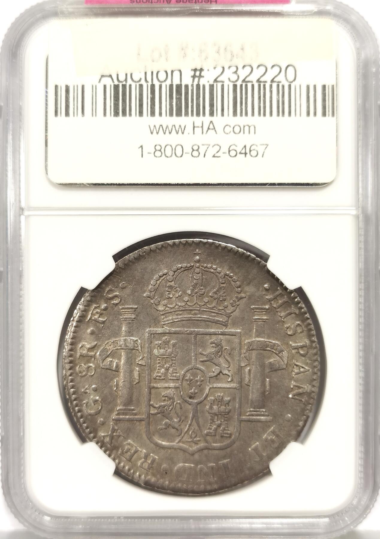 博洋堂“心向春光”2月精品大拍专场暨第160期（全场包邮） NGC AU53 西属墨西哥1821年GA FS斐迪南七世双柱8R，Guadalajara厂的内战双柱，远比常见的Zs厂少见，高分更是难遇，这枚人像、皇冠、盾徽等细节完美，全方位深打，包浆老道，真正收藏级的一枚