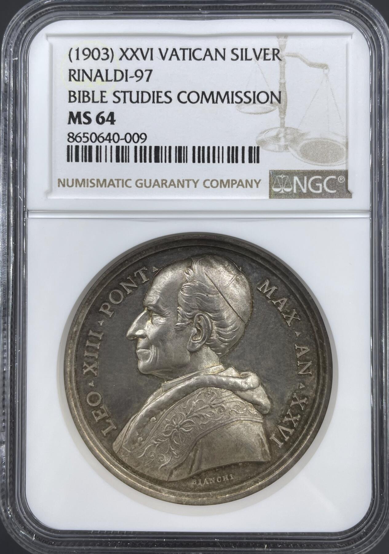 「木头集藏」“ 新岁撷珍”——章牌精品专场！ BIANCHI～1903年梵蒂冈教皇利奥十三世“圣经研究委员会”纪念银章，MS 64 ，直径：44 mm，品相很好，NGC最高分，收藏佳品。