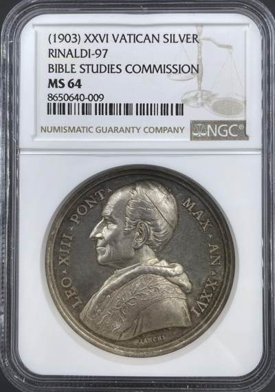 「木头集藏」“ 新岁撷珍”——章牌精品专场！ - BIANCHI～1903年梵蒂冈教皇利奥十三世“圣经研究委员会”纪念银章，MS 64 ，直径：44 mm，品相很好，NGC最高分，收藏佳品。