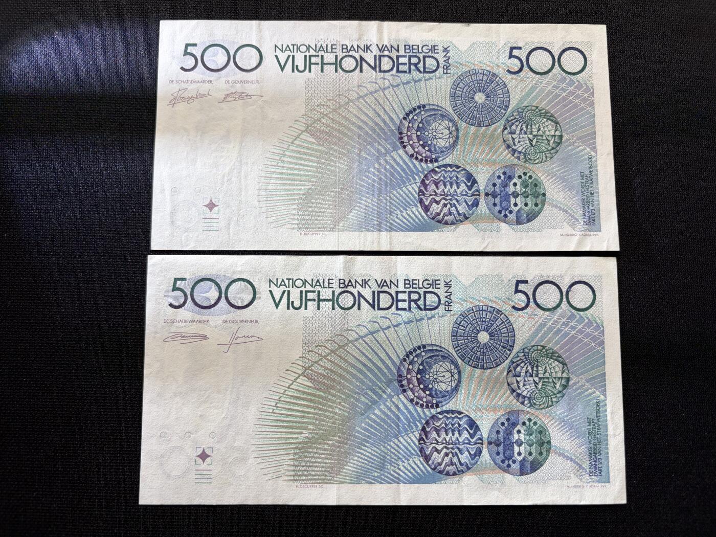 咖啡豆•收藏 2026年Feb_10th世界各国纸币拍卖 2枚 比利时 1982-1998年 500法郎 美品近新AU 外国纸币