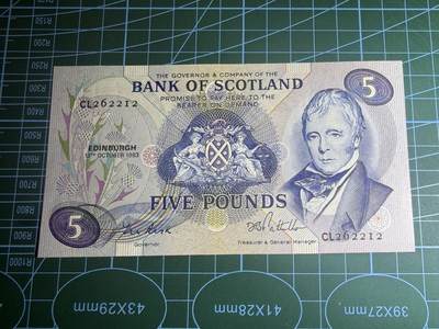 【炜奕收藏】，第五十九期，苏格兰多时期钞票，年前最后一期，拍后所有寄存物品将寄出 - 1983年苏格兰银行5镑，UNC-品相，轻微压痕，号码无347