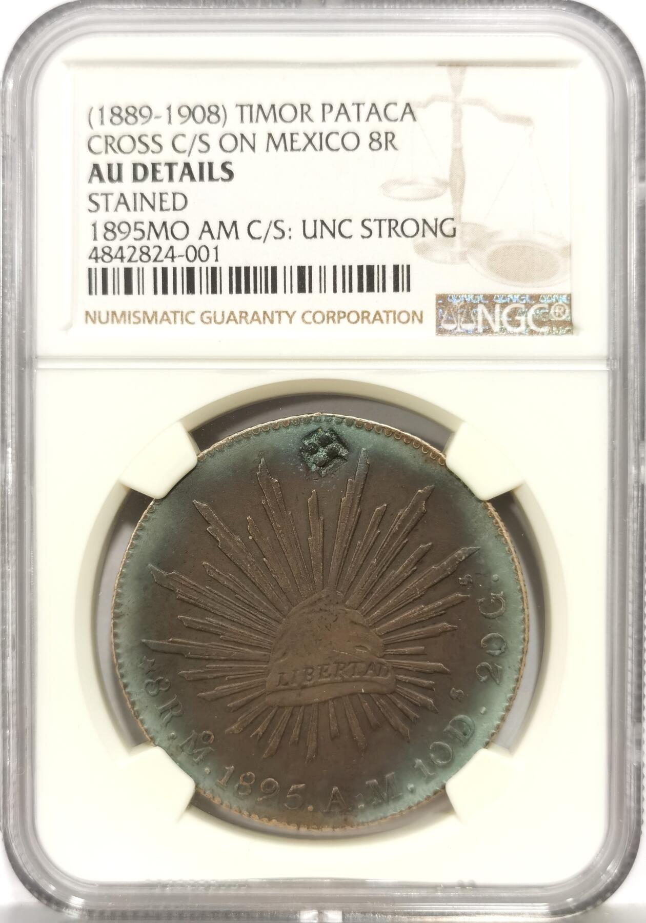 博洋堂“心向春光”2月精品大拍专场暨第160期（全场包邮） NGC AU 葡属东帝汶加盖墨西哥1895年MO厂鹰洋8R，非常罕见，鹰洋加盖的进阶品种，远比菲律宾加盖要少，底板梦幻彩包浆，加盖的基督十字戳记深峻清晰，评级为UNC STRONG。基督十字为十四世纪成立的葡萄牙基督骑士徽章，葡萄牙海外殖民的象征。由于大量假币流入殖民地，当地政府被迫通过在所有流通钱币上加盖基督十字戳记，以打击假币泛滥。此戳记仅出现于墨西哥“Cap & Rays”8 Reales上