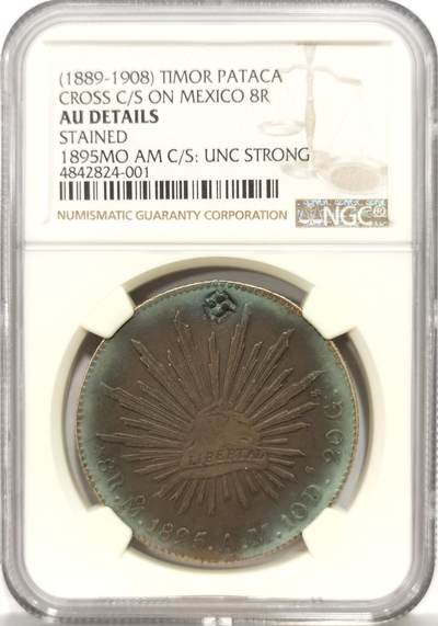 博洋堂“心向春光”2月精品大拍专场暨第160期（全场包邮） - NGC AU 葡属东帝汶加盖墨西哥1895年MO厂鹰洋8R，非常罕见，鹰洋加盖的进阶品种，远比菲律宾加盖要少，底板梦幻彩包浆，加盖的基督十字戳记深峻清晰，评级为UNC STRONG。基督十字为十四世纪成立的葡萄牙基督骑士徽章，葡萄牙海外殖民的象征。由于大量假币流入殖民地，当地政府被迫通过在所有流通钱币上加盖基督十字戳记，以打击假币泛滥。此戳记仅出现于墨西哥“Cap & Rays”8 Reales上