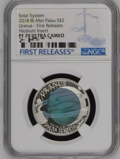 长老汇蛇年精选第九十八场拍卖 - 帕劳2018年 太阳系天王星银铌双金属精制银币 三色材质，发行量3000枚，NGC PF70UC，首日标