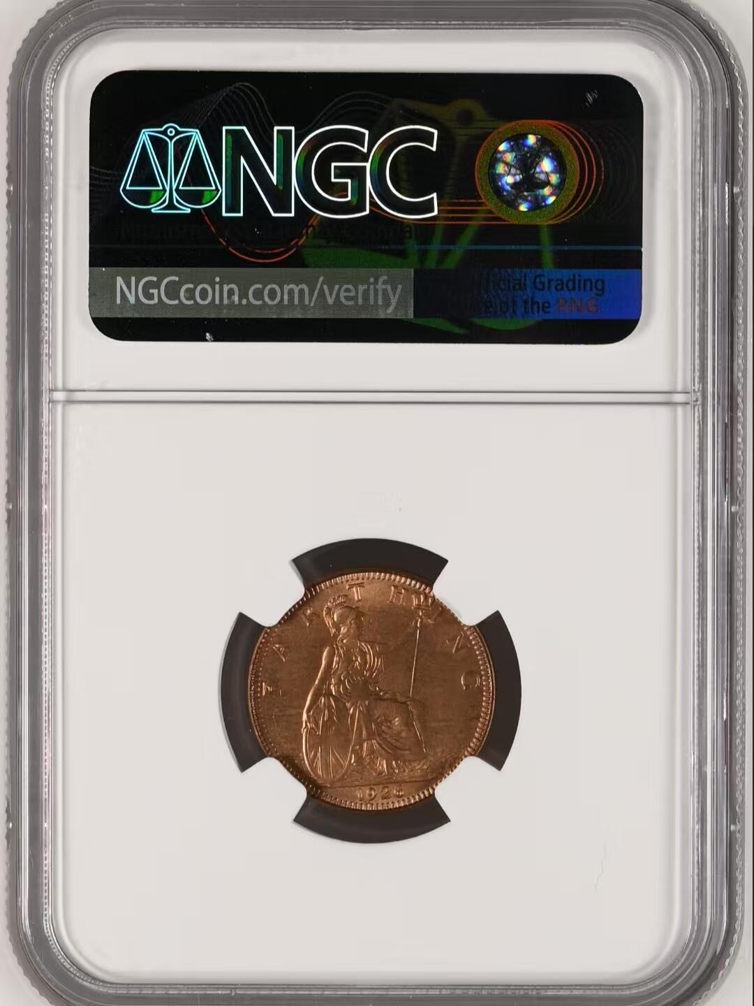 长老汇蛇年精选第九十八场拍卖 英国1926年乔治五世国王1法新，1/4便士铜币。第三版头像 相较前两版对于细节的营造更为清晰，整体更加工整。高分难得，严评，NGC MS65RB，亚军分更高分仅5枚