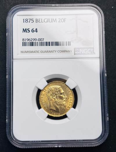 【金马踏春，泉马奔腾】2026 年新年贺岁场，（定于年初五接财神截拍）祝各位老板马到成功，马上有钱，愿岁岁平安喜乐顺遂 - 1875 年比利时利奥波德二世 20 法郎金币，金光闪闪，1875 年也是利奥波德二世对海外扩张战略的转折点，NGC 评级 MS64 分，高分难得