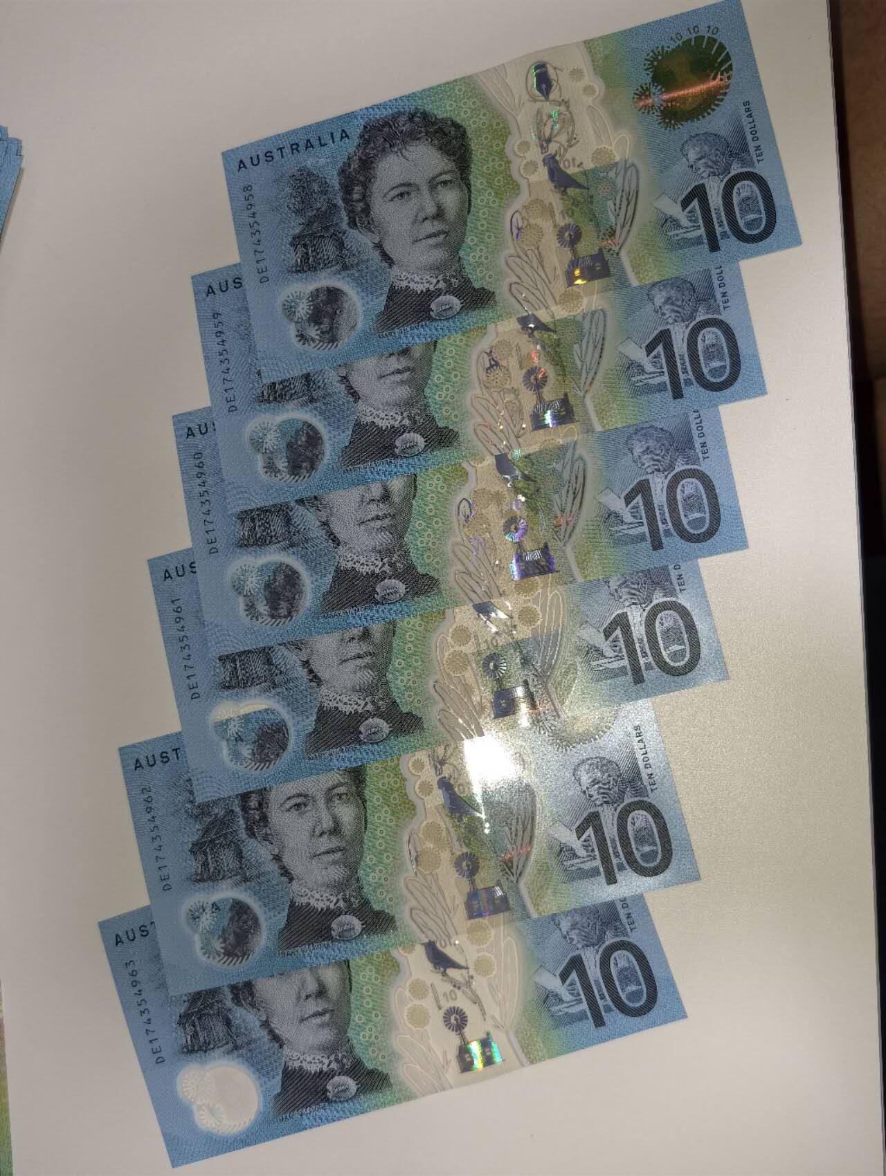 春节钱币瓷器清货捡漏拍场 澳大利亚新版明亮版10元塑料钞 全新UNC连号6张