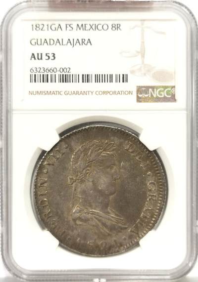 博洋堂“心向春光”2月精品大拍专场暨第160期（全场包邮） - NGC AU53 西属墨西哥1821年GA FS斐迪南七世双柱8R，Guadalajara厂的内战双柱，远比常见的Zs厂少见，高分更是难遇，这枚人像、皇冠、盾徽等细节完美，全方位深打，包浆老道，真正收藏级的一枚