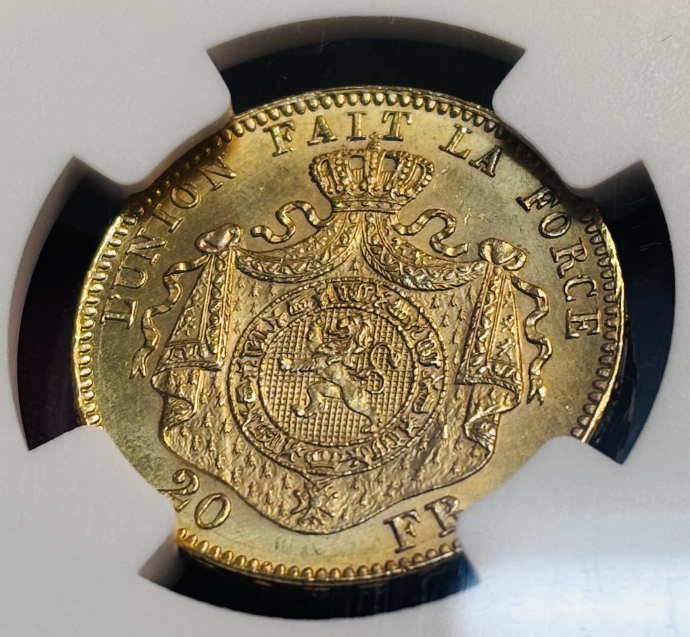 【金马踏春，泉马奔腾】2026 年新年贺岁场，（定于年初五接财神截拍）祝各位老板马到成功，马上有钱，愿岁岁平安喜乐顺遂 1875 年比利时利奥波德二世 20 法郎金币，金光闪闪，1875 年也是利奥波德二世对海外扩张战略的转折点，NGC 评级 MS64 分，高分难得