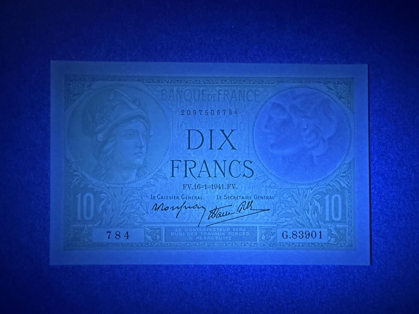 《艾美收藏》第231期-2.8周日外币精品(春节前收官)-世界最佳纸币特辑 法国10法郎 UNC 1941年 罗马神话中的智慧女神弥涅耳瓦