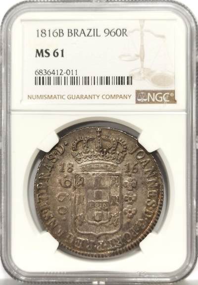 博洋堂“心向春光”2月精品大拍专场暨第160期（全场包邮） - NGC MS61 葡属巴西1816年B版若昂六世960瑞斯地球银币，稀少加盖在西班牙本土费七双柱上，背面盾徽及M GJ比较清晰，年份大致为1814