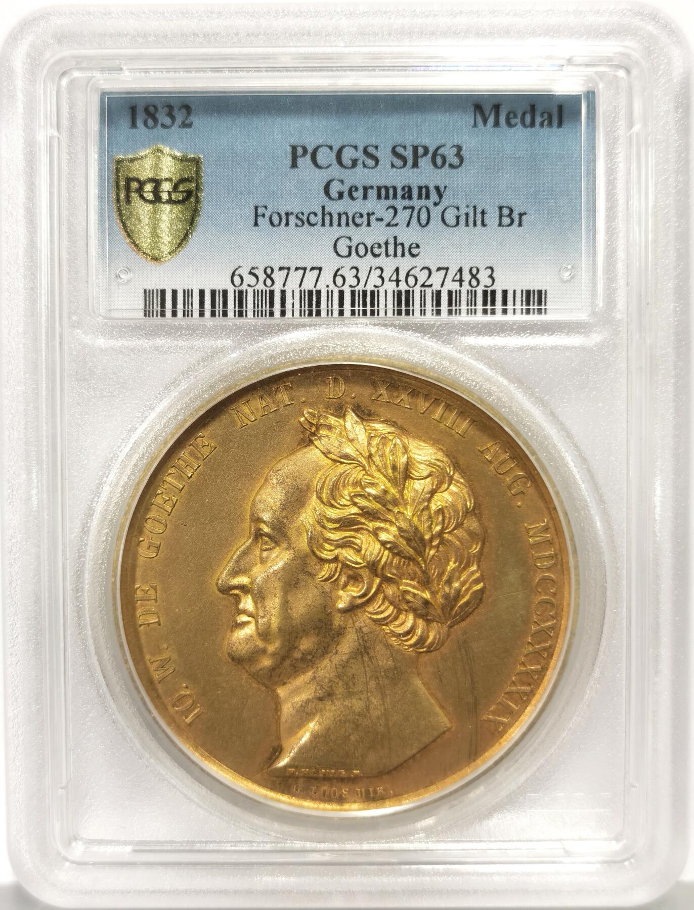 博洋堂“心向春光”2月精品大拍专场暨第160期（全场包邮） PCGS SP63 德国1832年歌德纪念镀金大铜章，PCGS冠军分