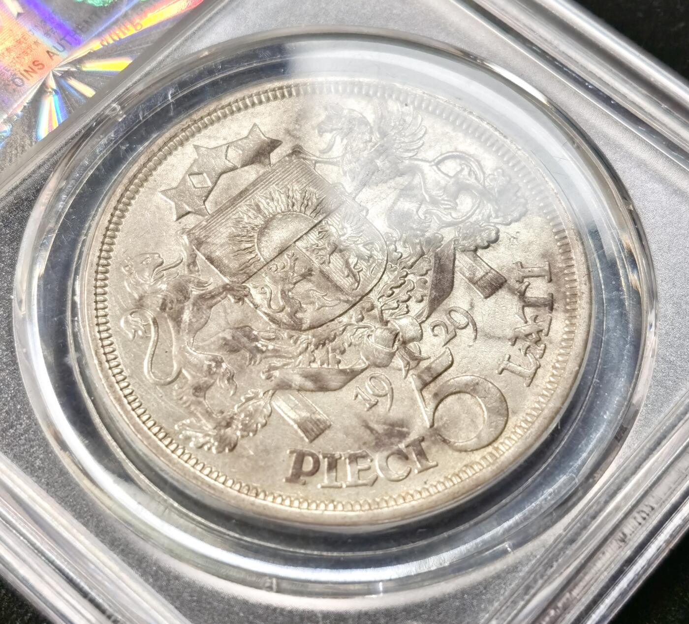 甄臻铺-世界币章拍卖（第49期）精品场拍品征集中，送拍享返佣金等优惠多多 公博-MS61 1929年拉脱维亚5拉特银币