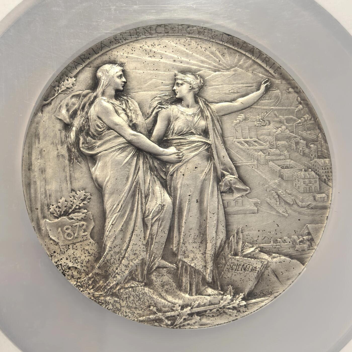 博洋堂“心向春光”2月精品大拍专场暨第160期（全场包邮） NGC MS61 法国1872年科学促进协会镀银铜章，68mm（章牌大师奥斯卡·罗蒂作品）