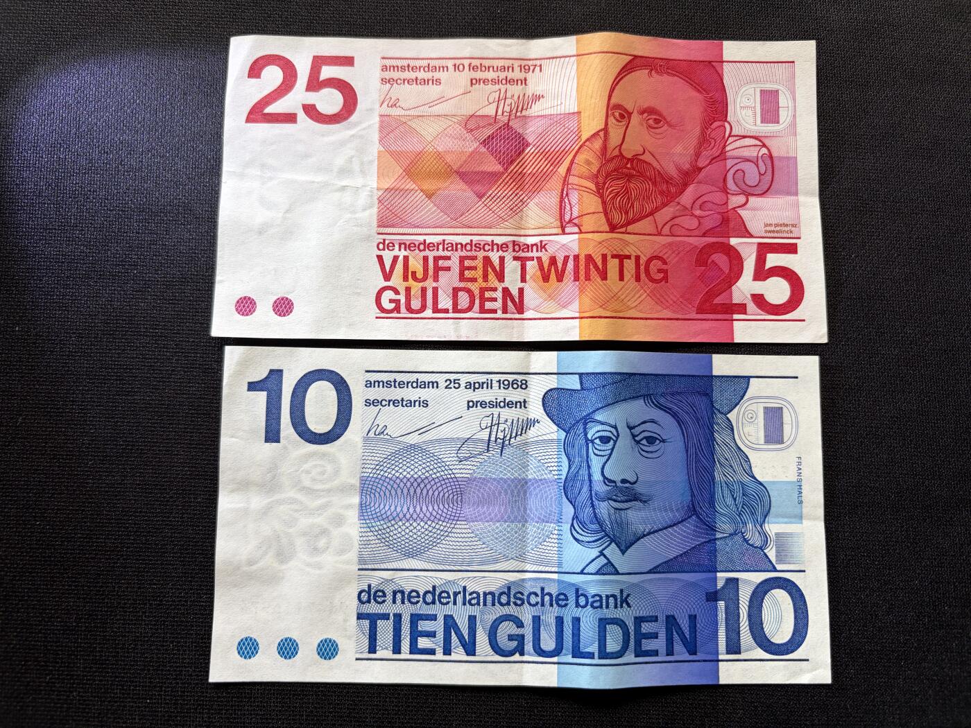 咖啡豆•收藏 2026年Feb_10th世界各国纸币拍卖 2枚 荷兰 1968&1971年 10&25古尔登 美品近新AU 外国纸币