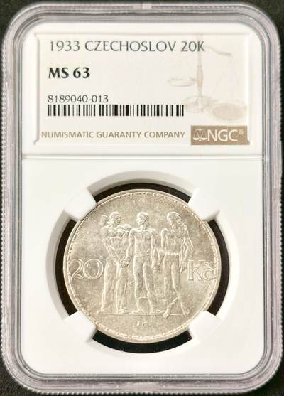 甄臻铺-世界币章拍卖（第49期）精品场拍品征集中，送拍享返佣金等优惠多多 - NGC-MS63 捷克斯洛伐克1933年20K大银币 工农商雕像，背面淡淡包浆