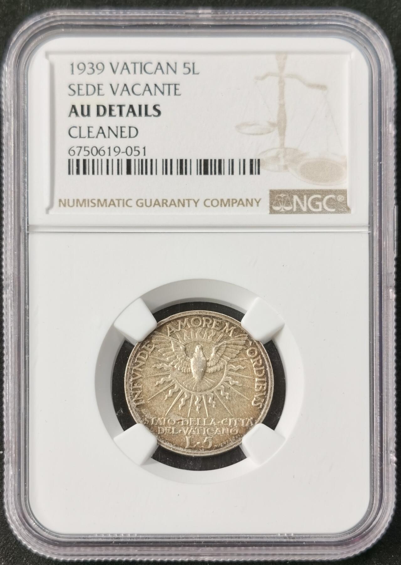 甄臻铺-世界币章拍卖（第49期）精品场拍品征集中，送拍享返佣金等优惠多多 NGC-AUD 1939年梵蒂冈教皇缺位 5里拉 经典欧洲彩