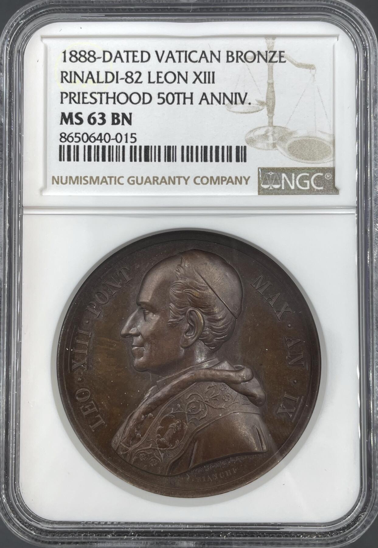 「木头集藏」“ 新岁撷珍”——章牌精品专场！ BIANCHI～1888年梵蒂冈教皇利奥十三世“晋铎50周年”纪念铜章，MS 63 BN，直径：44 mm，品相很不错，NGC最高分。