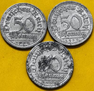 文馨钱币收藏第 293 场，春节前最后一期全部发出，将不予寄存，请悉知 - 原光品相 1920-21-22 年魏玛德国 50 芬尼一组