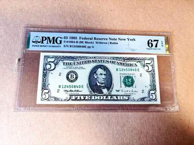 【Blue Auction】世界纸币精拍第783期——18级TOP拍卖/信誉/品质/专业/高效💫 - 美国 1995年5美金  PMG67EPQ