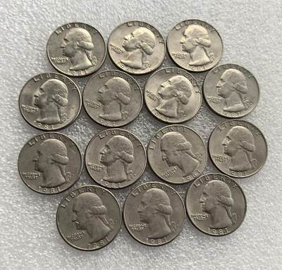 外国优质老铜币高银银币，周六九点倒数截拍，满百包邮，持续收拍，年后发货 - 美国1981 年25 美分华盛顿币14枚，正面铸开国总统乔治・华盛顿头像，配 “LIBERTY” 等铭文；背面为美国国鸟白头鹰，标注国名与面额，属美国经典流通辅币，见证战后美国货币体系的稳定与设计传承。