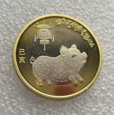 外国优质老铜币高银银币，周六九点倒数截拍，满百包邮，持续收拍，年后发货 - 2019 年中国人民银行  己亥猪年 10 元双金属纪念币，属第二轮生肖贺岁纪念币，正面铸生肖猪、灯笼等民俗元素与 “己亥” 纪年，背面标注面额与年份，融合传统生肖文化，兼具收藏与流通属性。