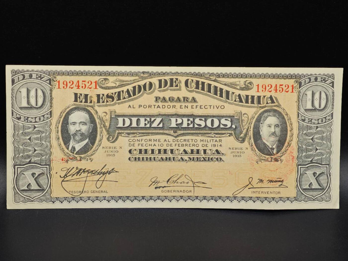 【淘币小摊】实时拍第八百六十五拍   纸币场    年前最后一周之前预留预留8号9号全部发出请更换最新收货地址不方便收货的请勿参拍或者顺丰到付 墨西哥1915年10卢比纸币【有折】