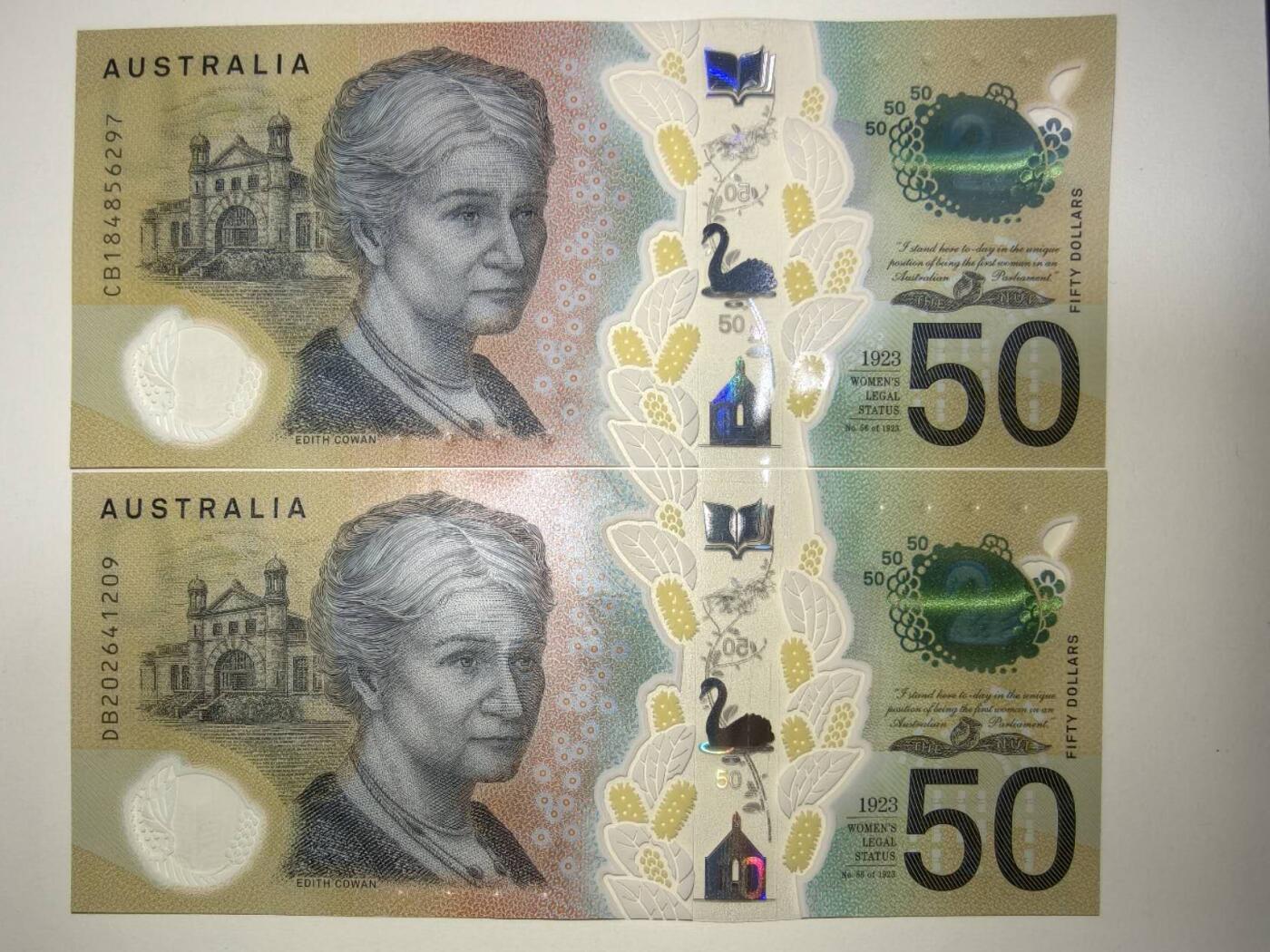 春节钱币瓷器清货捡漏拍场 澳大利亚新版50元塑料钞两张，全新UNC，非常漂亮