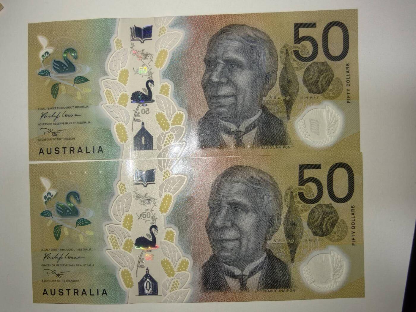 春节钱币瓷器清货捡漏拍场 澳大利亚新版50元塑料钞，全新UNC两张，非常漂亮