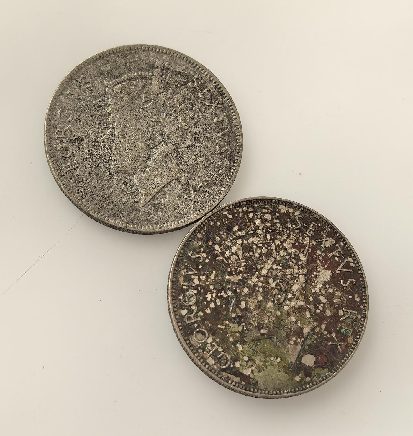 外国优质老铜币高银银币，周六九点倒数截拍，满百包邮，持续收拍，年后发货 英属东非1948、1950 年 1 先令2枚，是英国殖民东非时期的流通货币。币面乔治六世头像与狮子图案，分别象征英王权威与殖民统治，磨损痕迹见证了当时殖民经济体系下的货币流通状况。