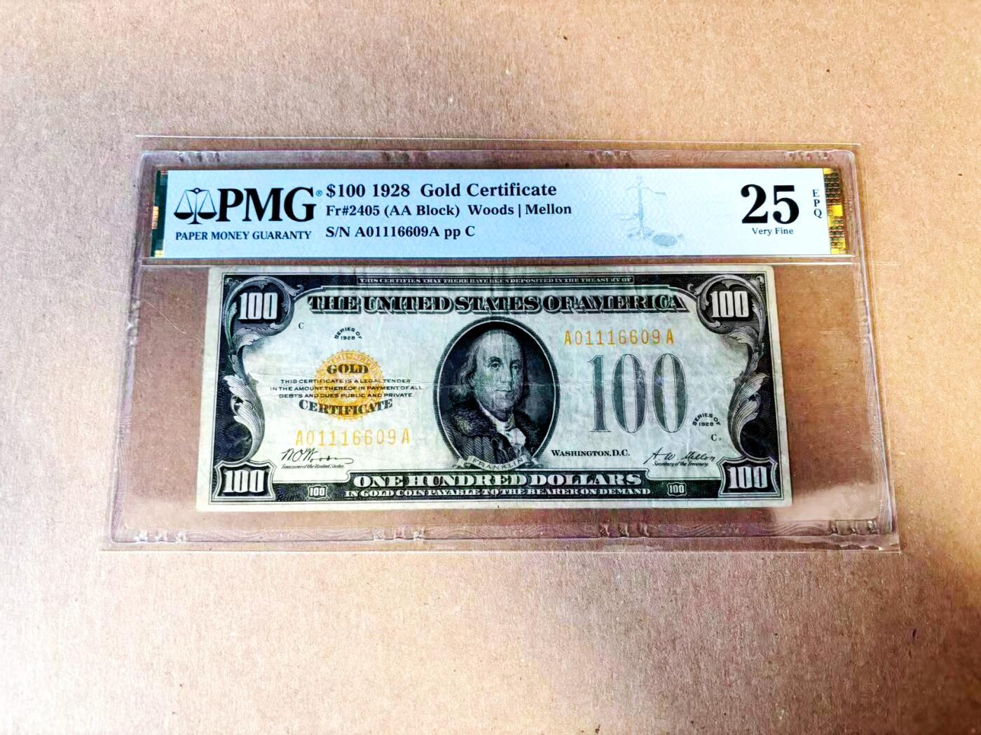 【Blue Auction】世界纸币精拍第783期——18级TOP拍卖/信誉/品质/专业/高效💫 【AA冠倒置号】美国 1928年100美金 黄金券 PMG25EPQ 