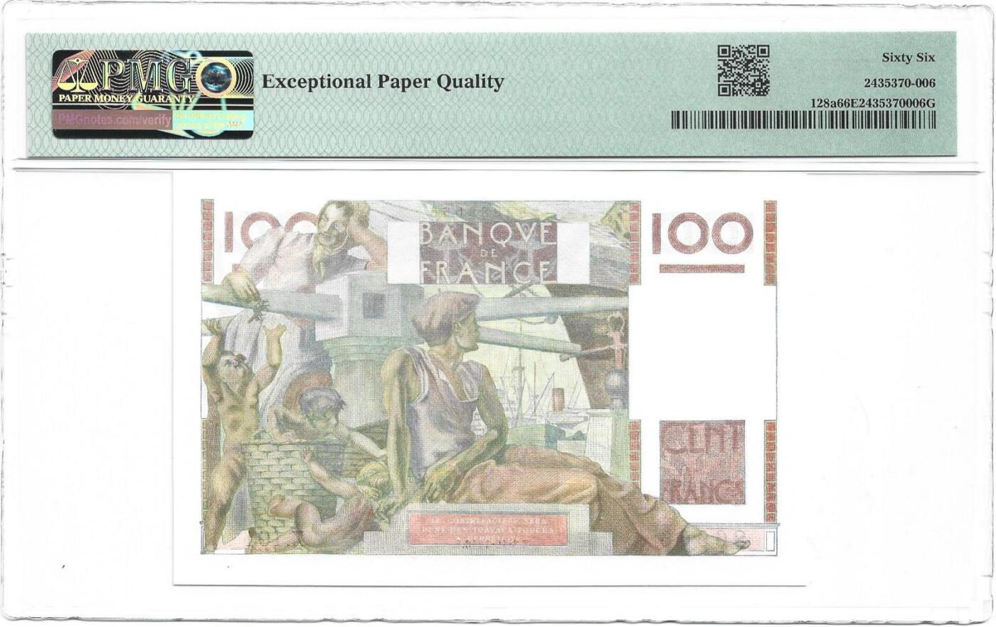 【Blue Auction】世界纸币精拍第783期——18级TOP拍卖/信誉/品质/专业/高效💫  【a版 近全同6 狮子6 倒置号】法国 1946年100法郎 PMG66EPQ 