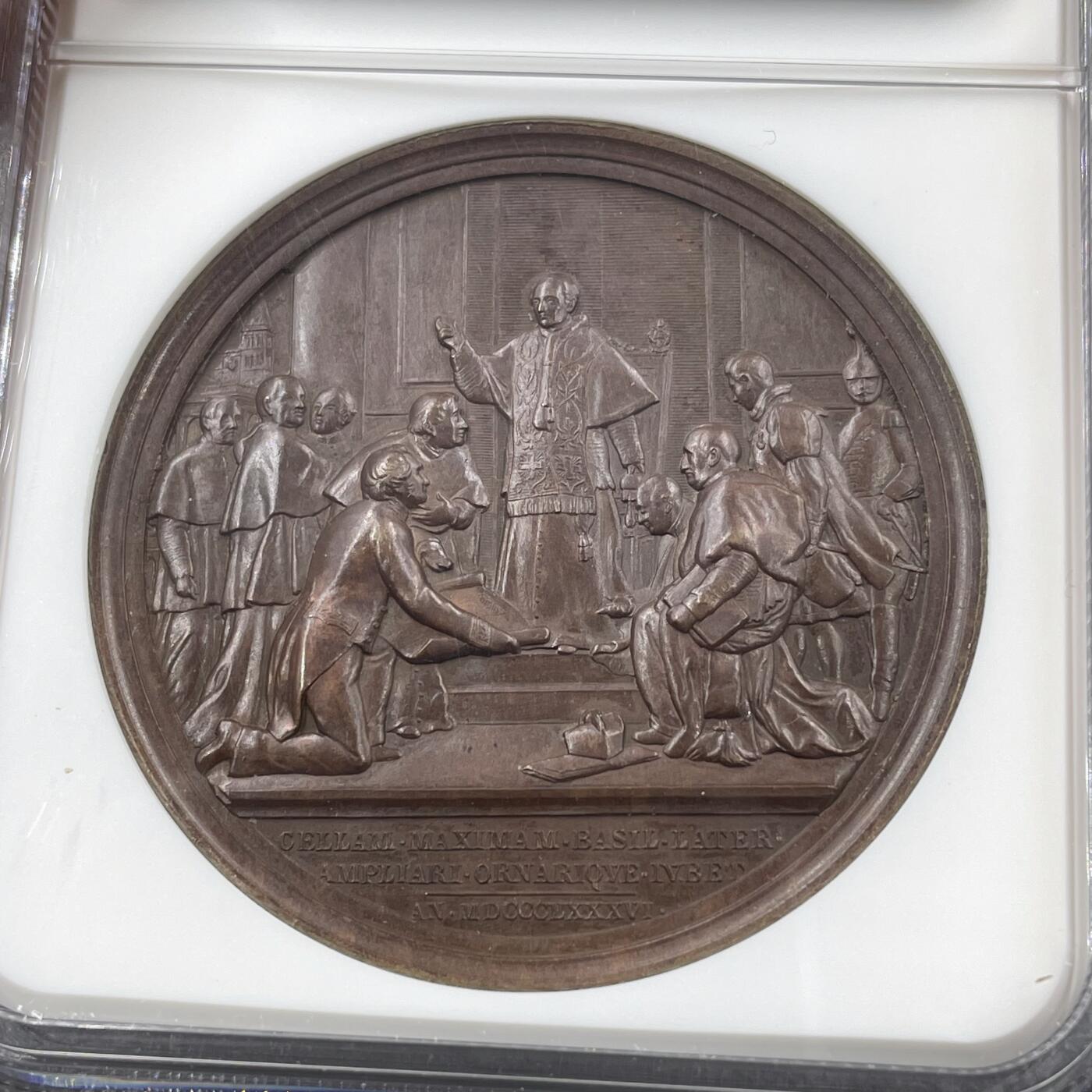 「木头集藏」“ 新岁撷珍”——章牌精品专场！ BIANCHI～1888年梵蒂冈教皇利奥十三世“晋铎50周年”纪念铜章，MS 63 BN，直径：44 mm，品相很不错，NGC最高分。